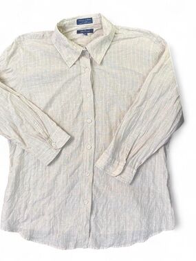 Vintage Women's Beige Striped Façonnable 100% Linen 3/4 Sleeve Button Down Shirt